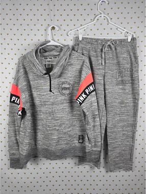 Victorias Secret PINK 2pc SET Joggers Slouchy Sweater Top Small Grey